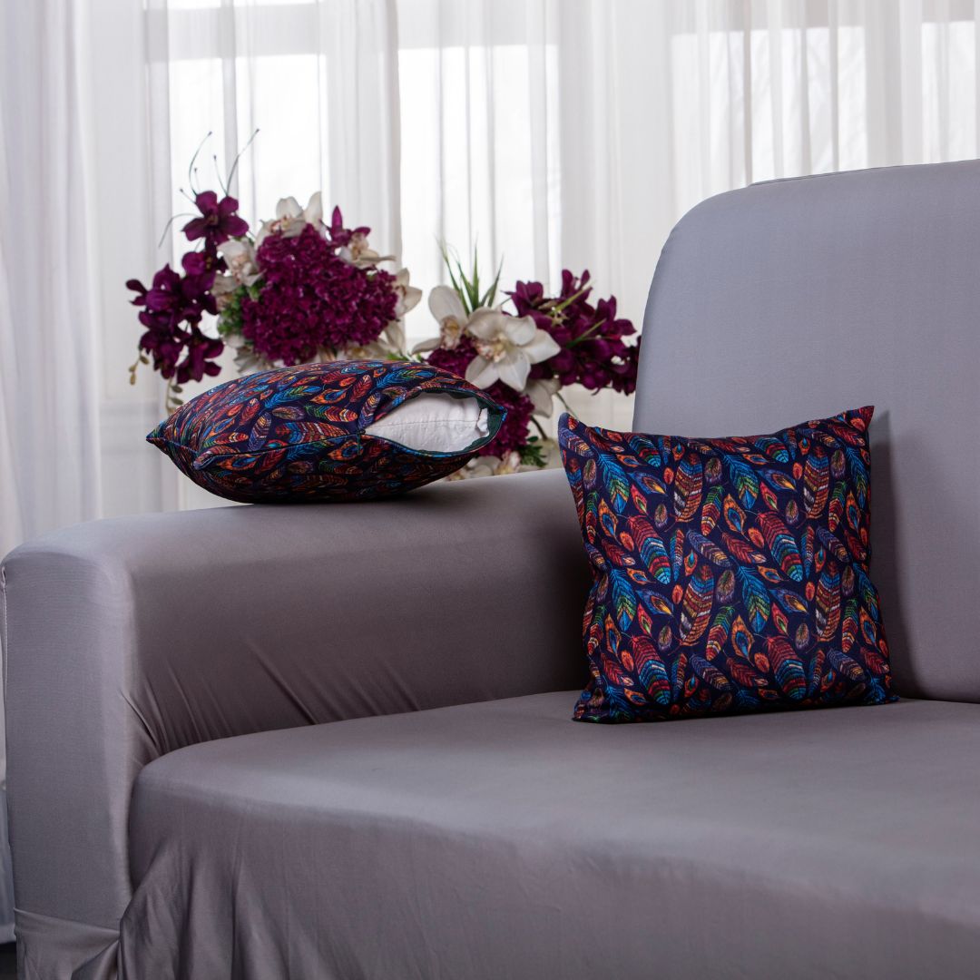 Sofa Cushion Covers-Multi color feather cushion covers100% splendex Machine wash cold. Wash dark colours seperately. Do not soak. Do not bleach, tumble dry low, warm iron if necessary