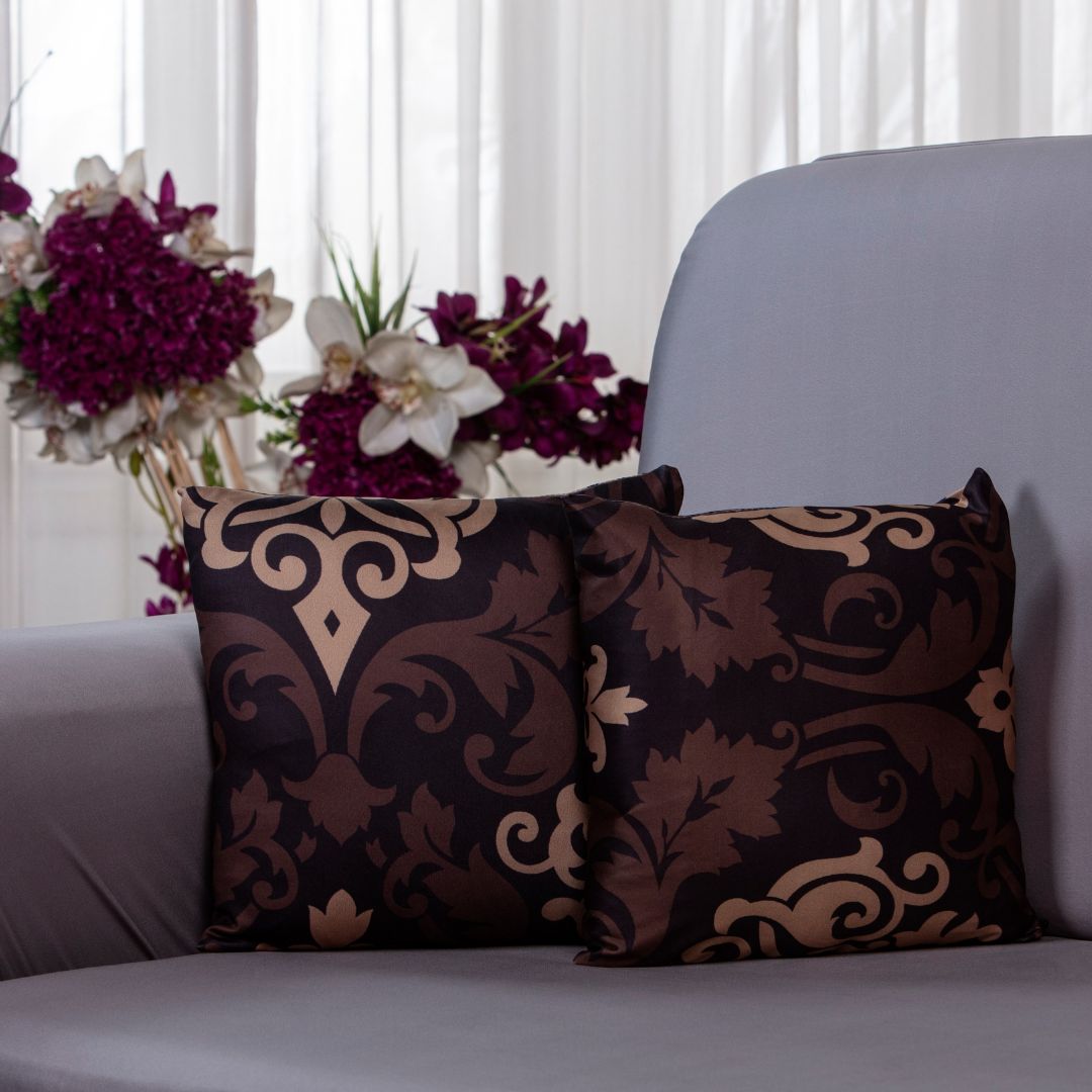 cushion covers-100% splendex Machine wash cold. Wash dark colors separately. Do not soak. Do not bleach, tumble dry low, warm iron if necessary Specifications-black beige ethnic cushion cover-super stretchable