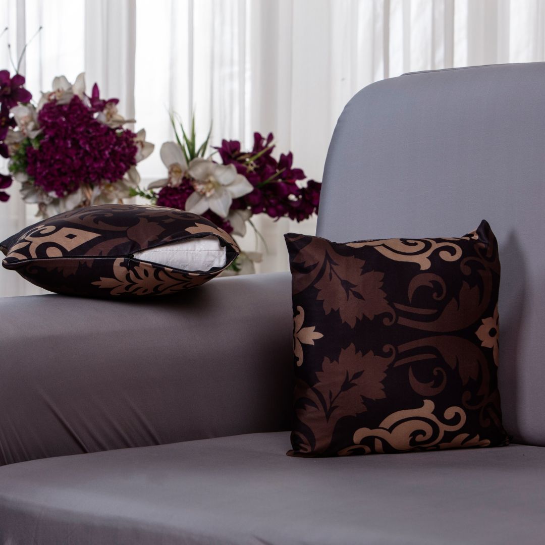 cushion covers-100% splendex Machine wash cold. Wash dark colors separately. Do not soak. Do not bleach, tumble dry low, warm iron if necessary Specifications-black beige ethnic cushion cover-super stretchable