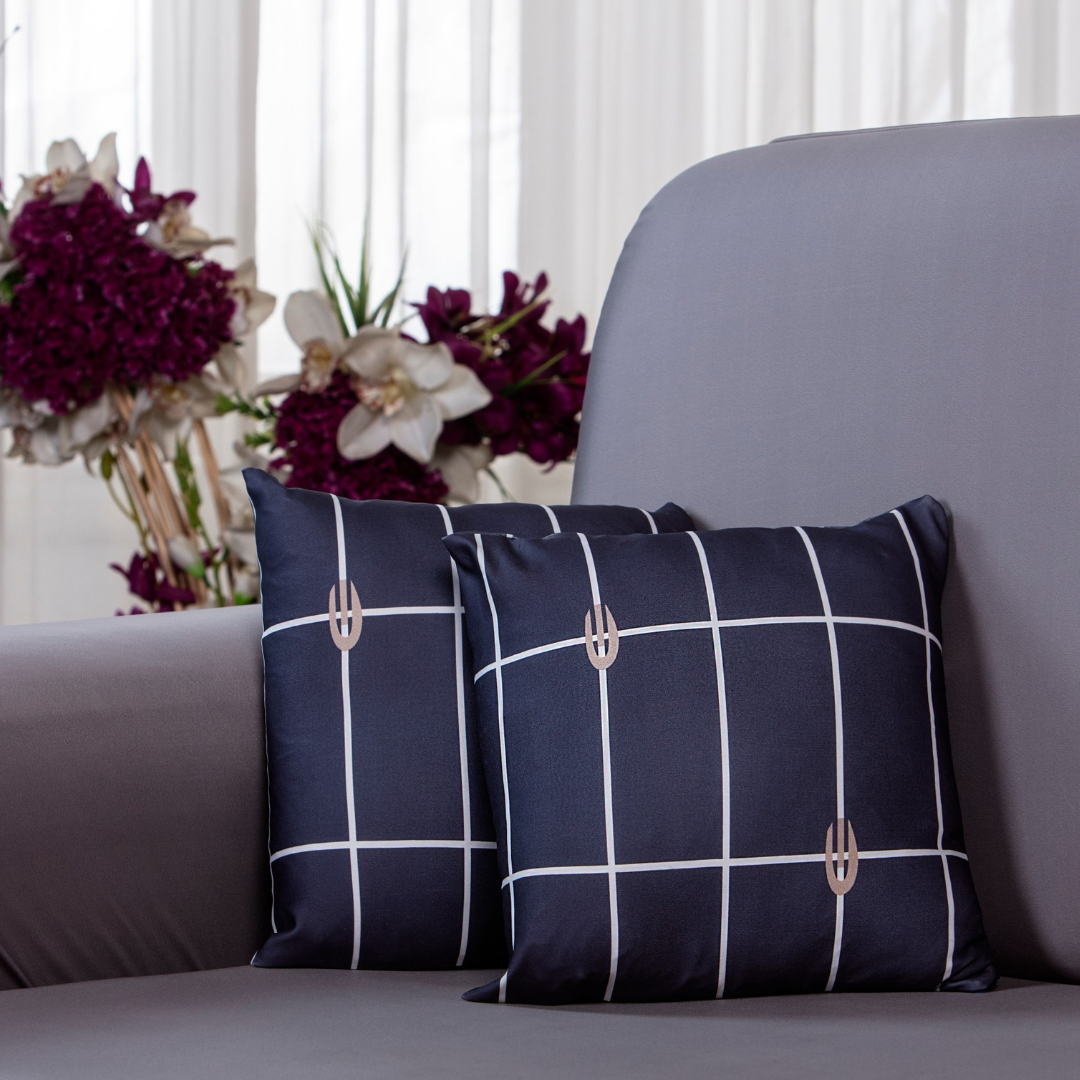 grey cushion sofa covers &-100% splendex Machine wash cold. Wash dark colors separately. Do not soak. Do not bleach, tumble dry low, warm iron if necessary-Cushion cover set of five: This refers to a set of five covers that are designed to fit over cushions. It is possible that this set is intended for use on a sectional sofa or multiple chairs-grey white checks cushion cover.