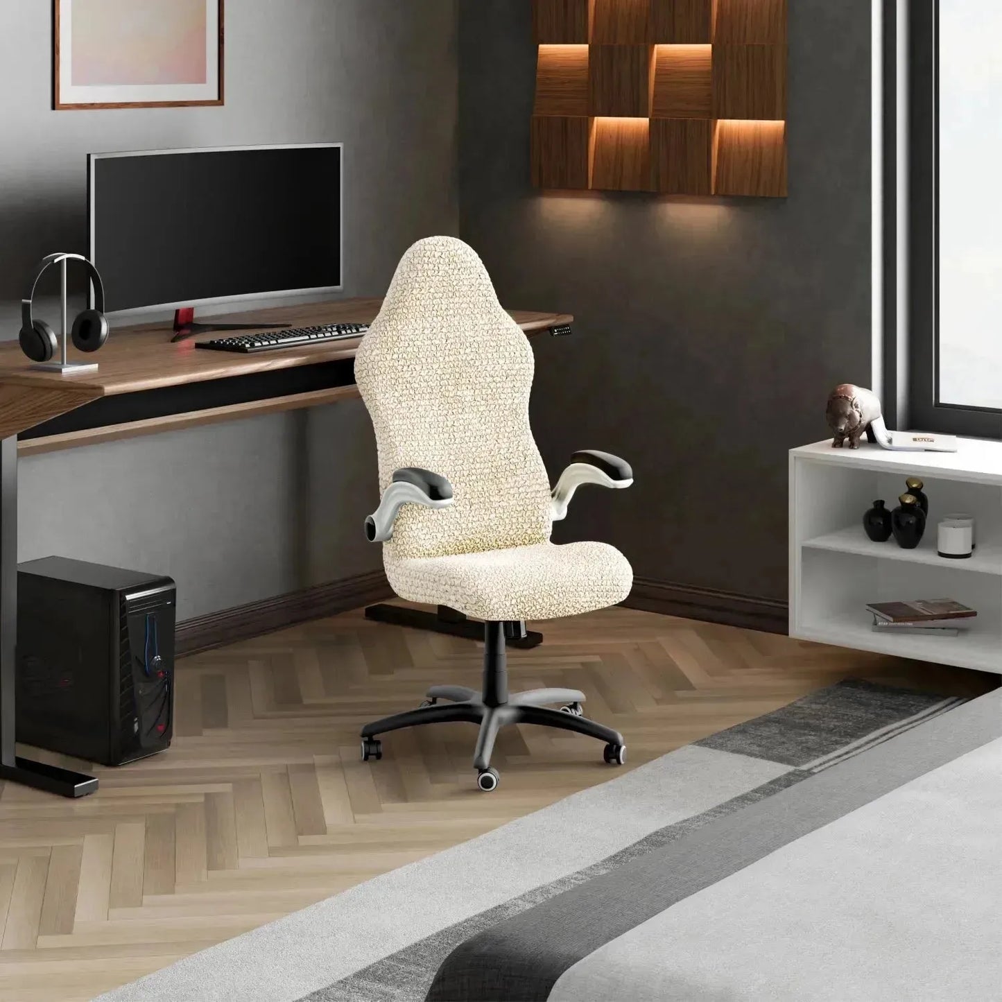 DivineTrendz™ Exclusive - Beige Luxe Crinkle Office Chair Cover