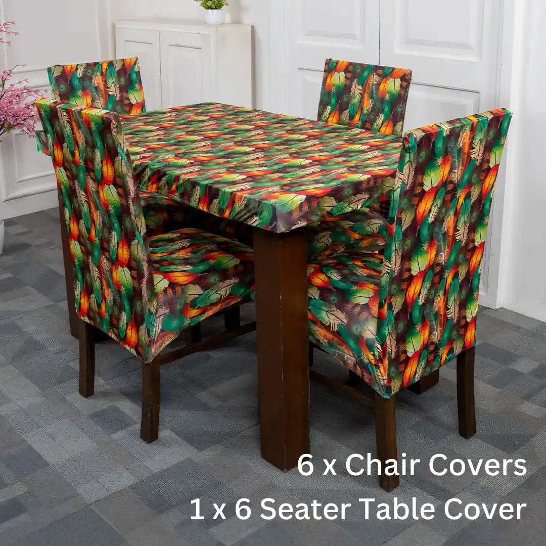 Peacock Feather Elastic Chair and Table Cover Set