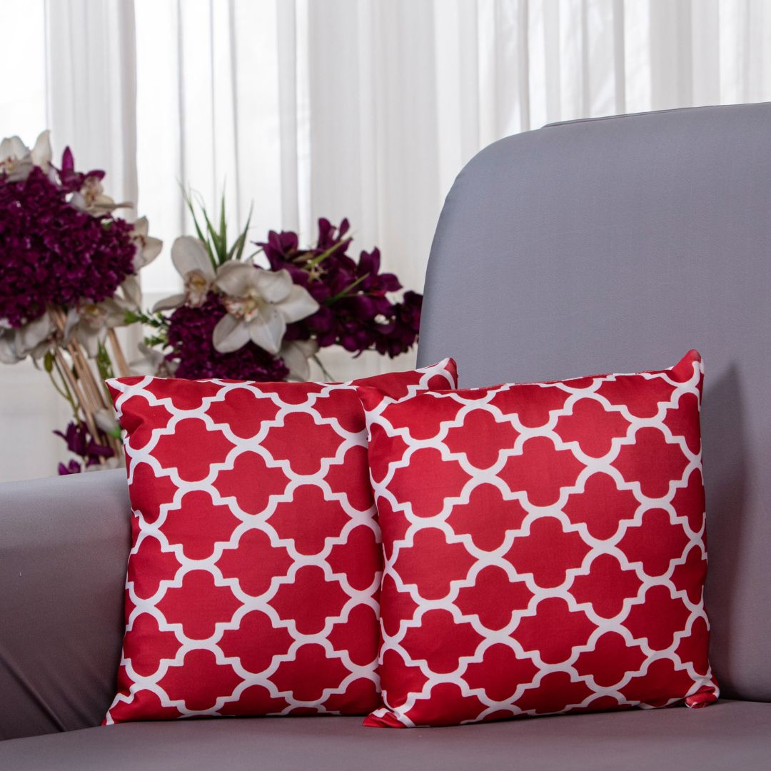 Red cushion covers-100% splendex Machine wash cold. Wash dark colours seperately. Do not soak. Do not bleach, tumble dry low, warm iron if necessary   