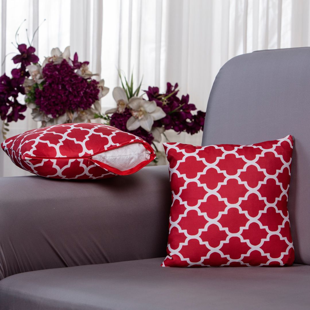 Red cushion covers- Super streachble covers100% splendex Machine wash cold. Wash dark colours seperately. Do not soak. Do not bleach, tumble dry low, warm iron if necessary 