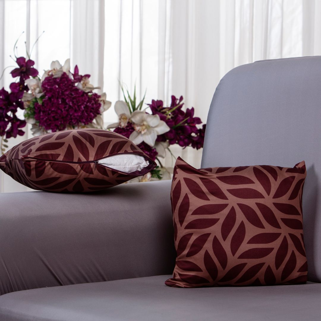 Designer cushion cover online in india-Brown print cushion cover-100% splendex Machine wash cold. Wash dark colors separately. Do not soak. Do not bleach, tumble dry low, warm iron if necessary--A cushion cover set of five: This refers to a set of five covers designed to fit over cushions. It is unclear from the description whether these covers are meant for sofa cushions or for other types of cushions.-stretchable cushion cover.
