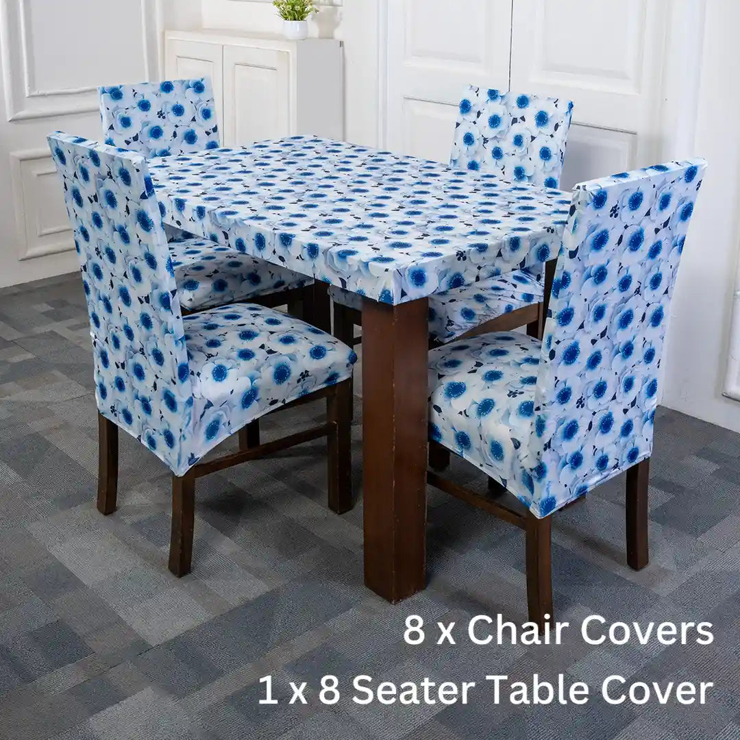 3D Blue Flower Elastic Chair And Table Cover Sets