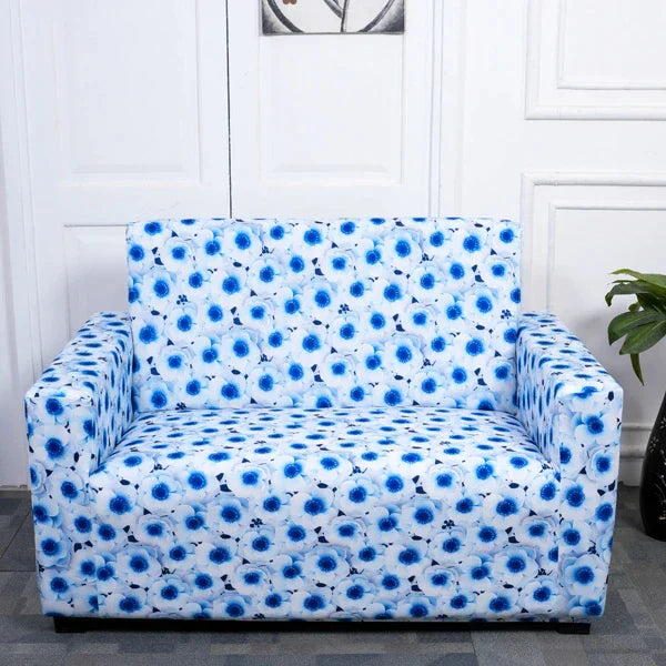 3D Blue Flower Elastic Sofa Cover 2 Seater