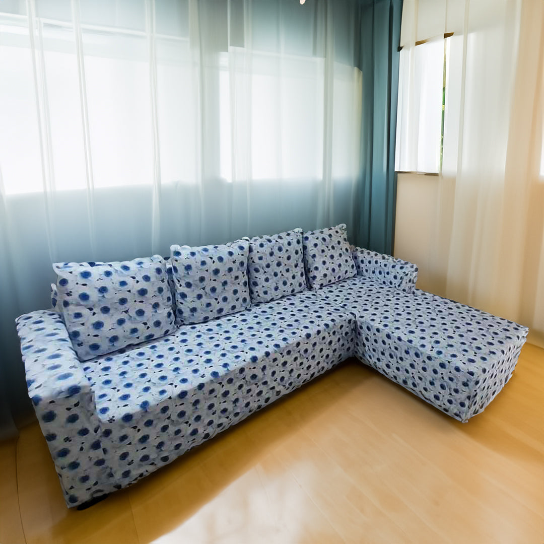 L-Shape Sofa Cover - 3D Blue Flower