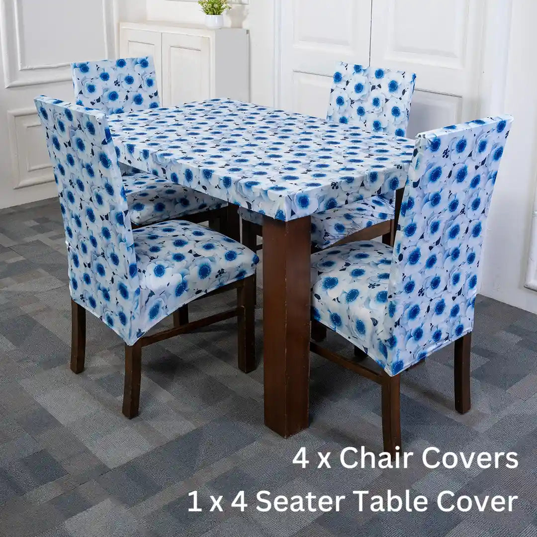 3D Blue Flower Elastic Chair And Table Cover