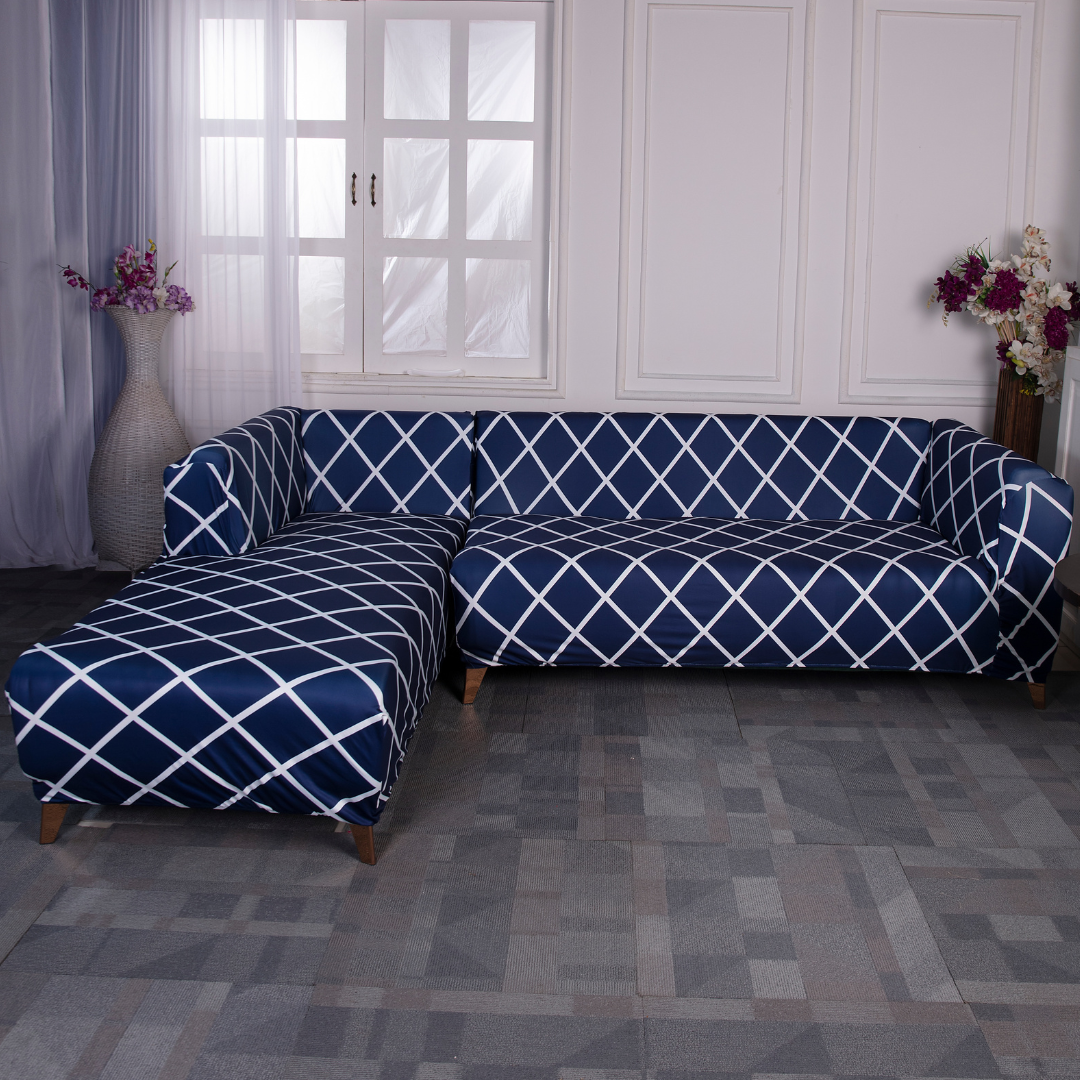 Navy Blue checks Elastic L-Shape Sofa Slipcovers