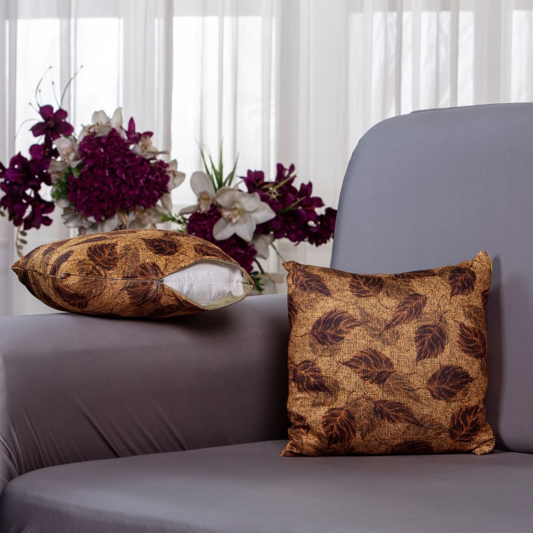 Among the items are: a sofa cushion cove-100% splendex Machine wash cold. Wash dark colors separately. Do not soak. Do not bleach, tumble dry low, warm iron if necessary-Dry leaves cushion coverr, a cushion cover set of five, a pillow cover set of six, and a center sofa cushion cover-