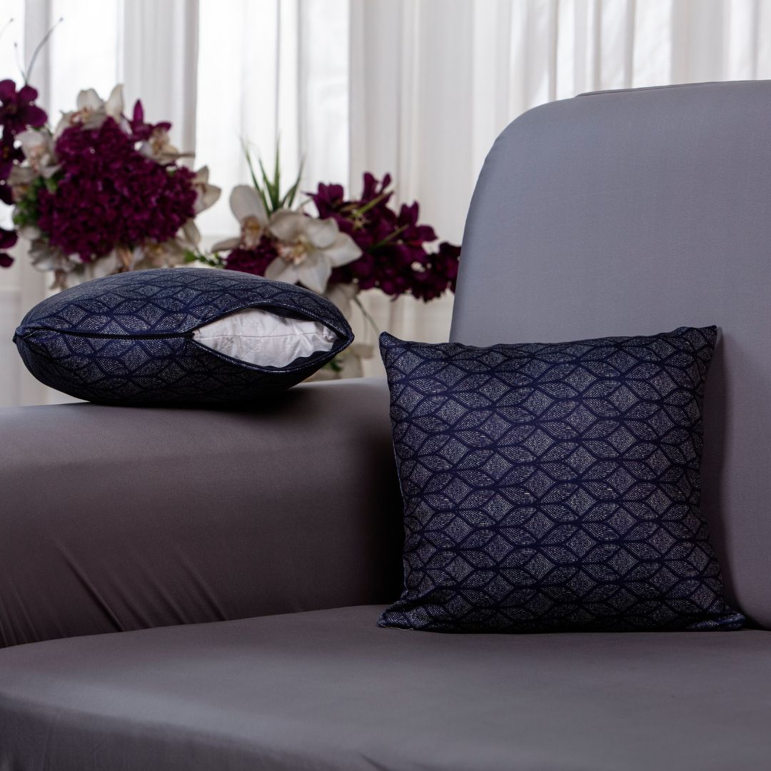 Cushion covers for the sofa, pillow covers for the sofa, and covers for the center area of the sofa.-100% splendex Machine wash cold. Wash dark colors separately. Do not soak. Do not bleach, tumble dry low, warm iron if necessary- navy blue abtract cushion cover.