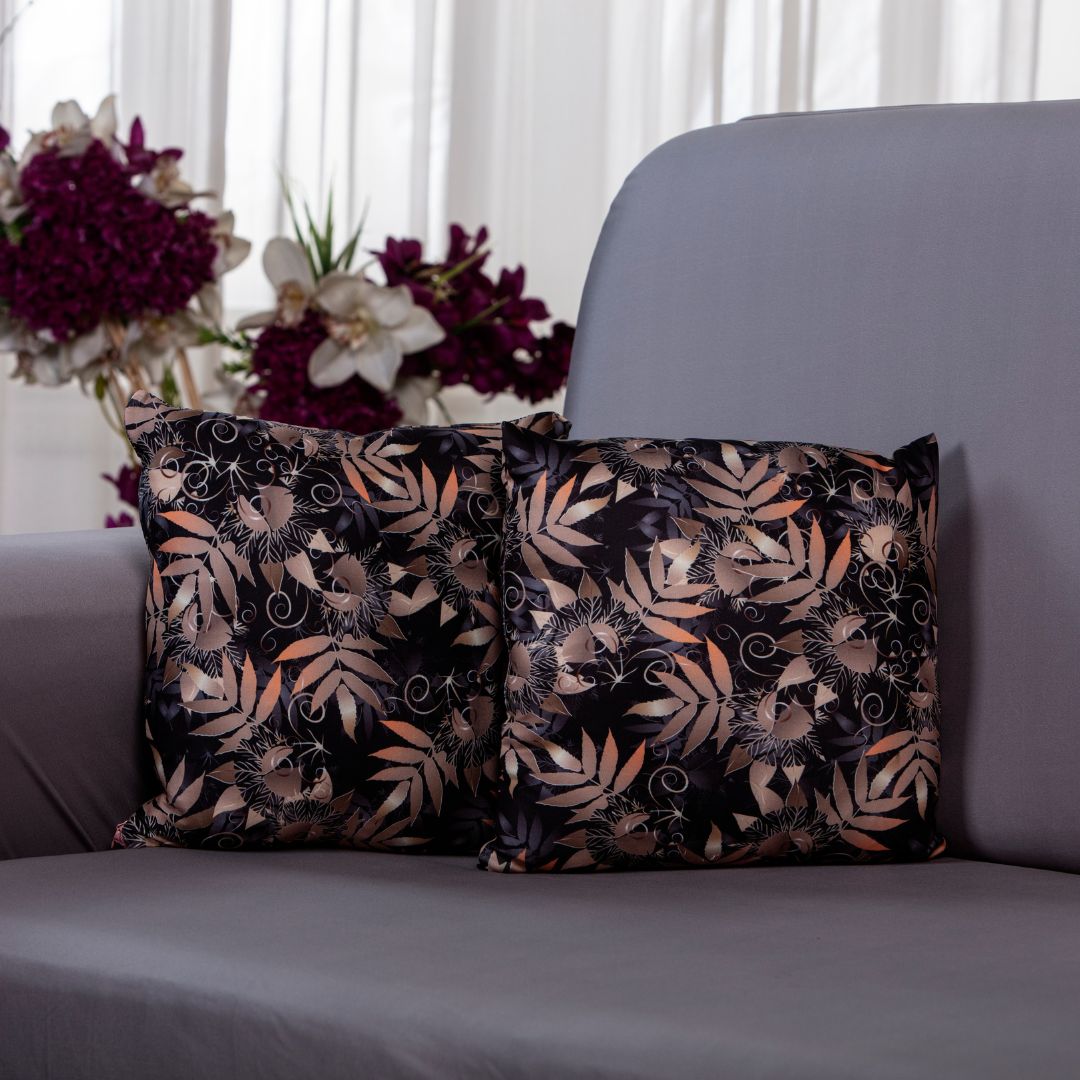 Among the items are: a sofa cushion cover, a cushion cover set of five, a pillow cover set of six, and a center sofa cushion cover.-100% splendex Machine wash cold. Wash dark colors separately. Do not soak. Do not bleach, tumble dry low, warm iron if necessary-black leaves cushion cover.