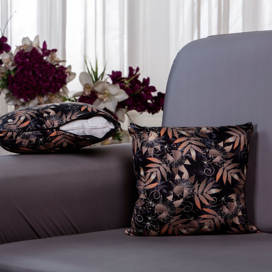 Among the items are: a sofa cushion cover, a cushion cover set of five, a pillow cover set of six, and a center sofa cushion cover.-100% splendex Machine wash cold. Wash dark colors separately. Do not soak. Do not bleach, tumble dry low, warm iron if necessary-black leaves cushion cover.