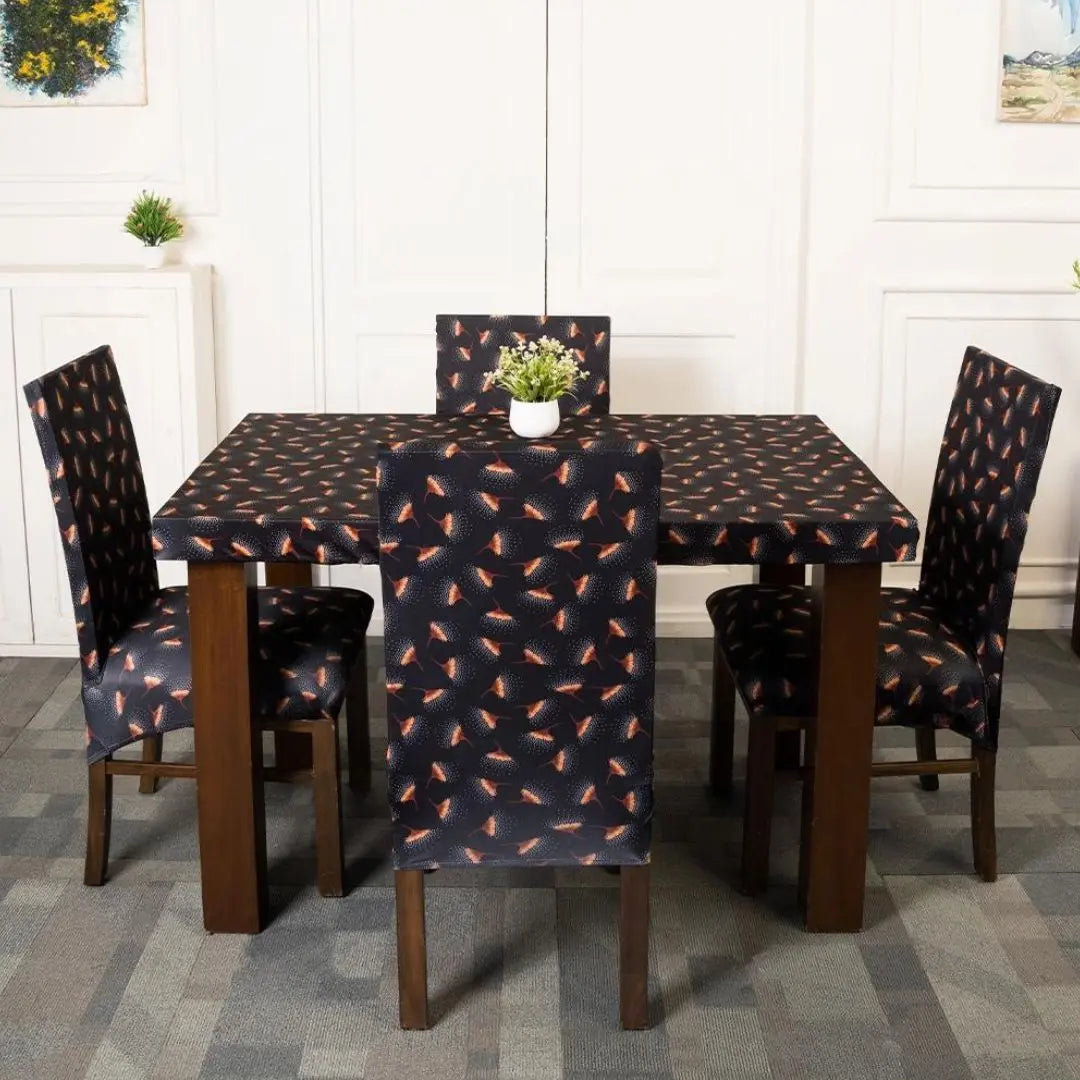 Black Seamless Flowers Elastic Chair Table Cover Set