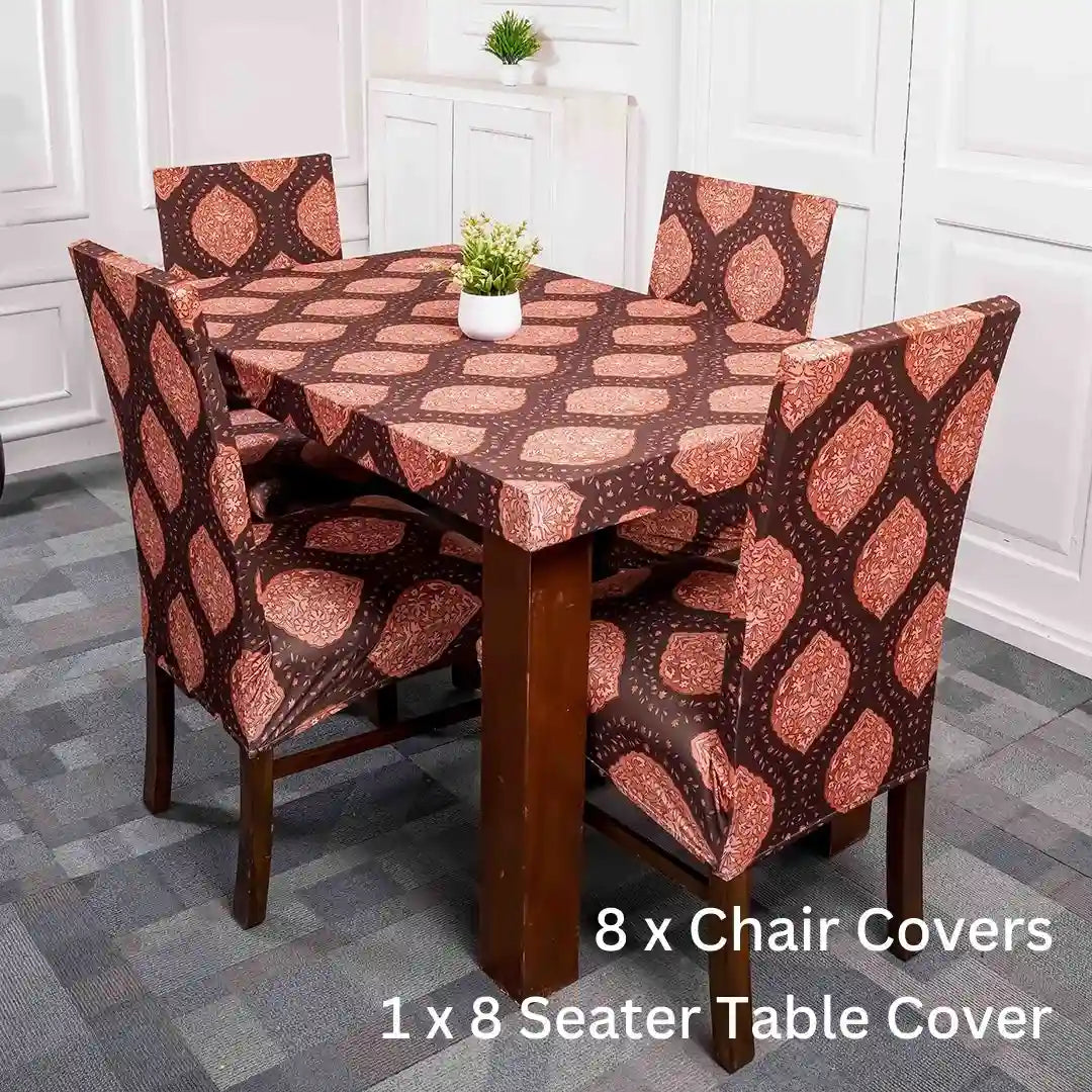 Jaipuri Print Elastic 8 Seater Chair And Table Covers Set