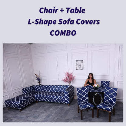 DivineTrendz Exclusive - Navy blue checks Elastic Chair,Table & L-Shape Sofa Slipcovers