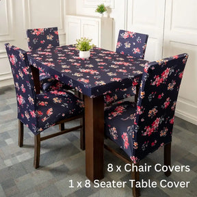 Purple Flower Elastic Chair Table Cover Set