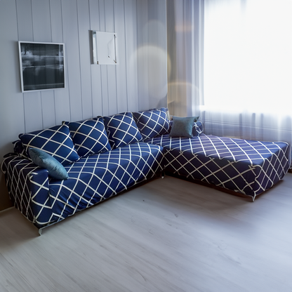 L-Shape Sofa Cover - Navy Blue checks