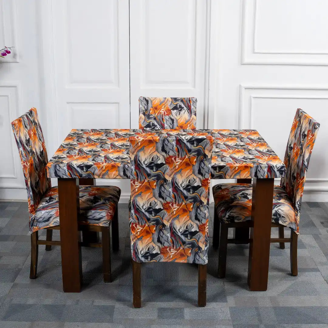 Orange Abstract Elastic Chair And Table Cover Set