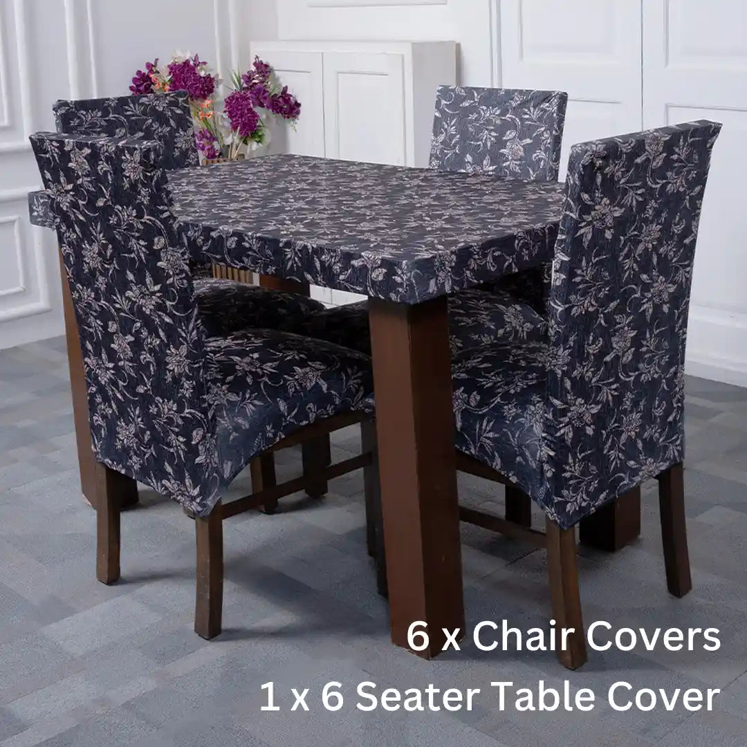 Black Beige Abstract Elastic 6 Seater Chair And Table Cover