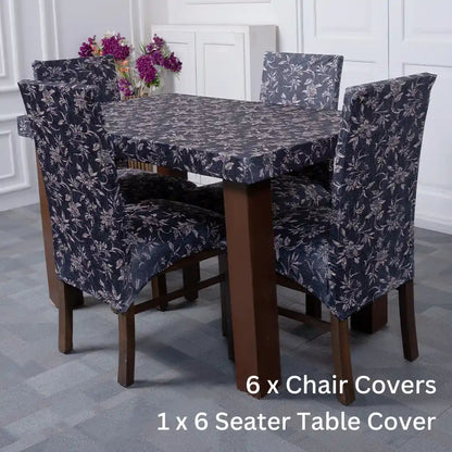 Black Beige Abstract Elastic 6 Seater Chair And Table Cover