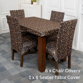 Black Leaves Elastic 6 Seater Chair And Table Cover