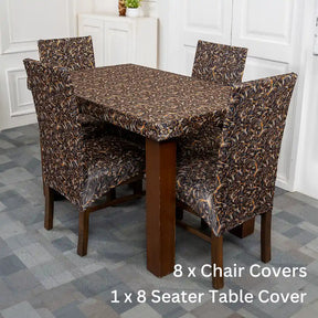 Black Leaves Elastic 8 Seater Chair And Table Cover