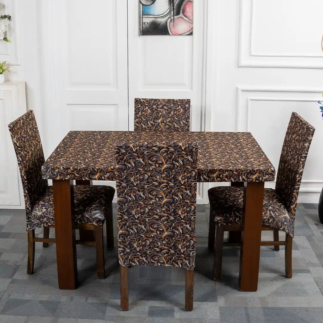 Black Leaves Elastic Chair And Table Cover Set