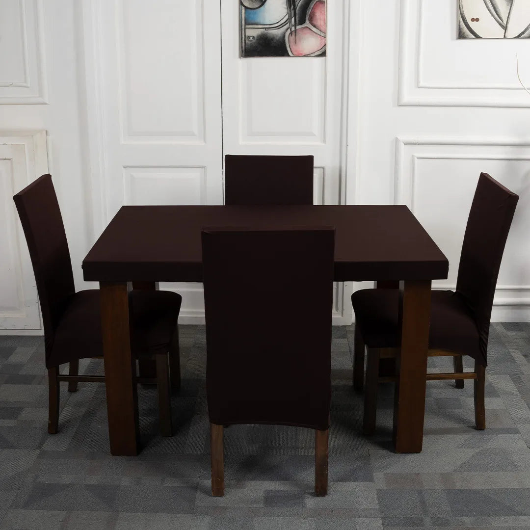  Brown Solid Elastic Chair & Table Cover Set