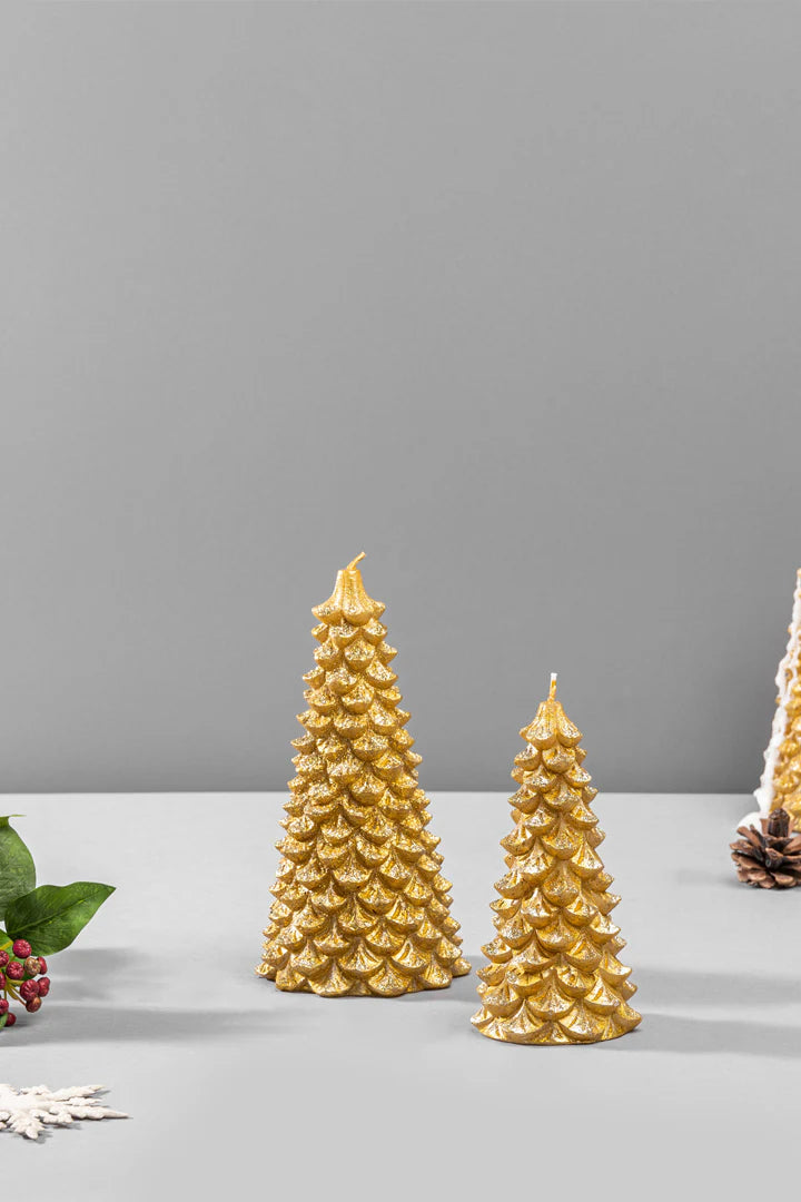 Wax Christmas Tree Candle | Gold | Winter Pine | Large | Pack Of 2
