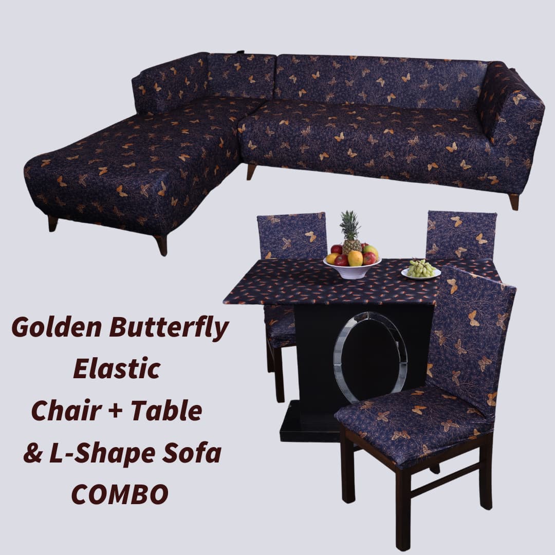 exclusive - golden butterfly elastic chair,table and l-shape sofa covers