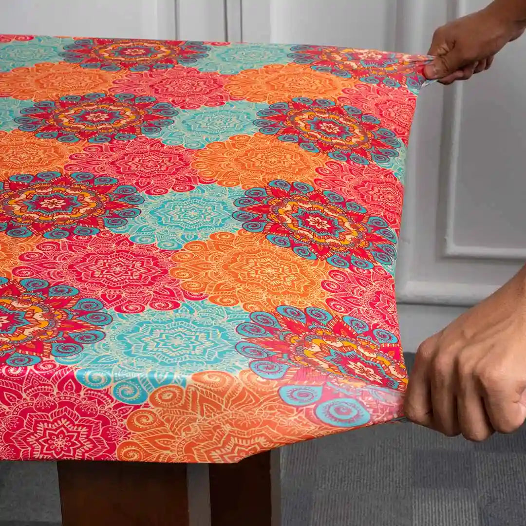 DivineTrendz Exclusive - Multi-Coloured Vintage Motifs Elastic Table Cover