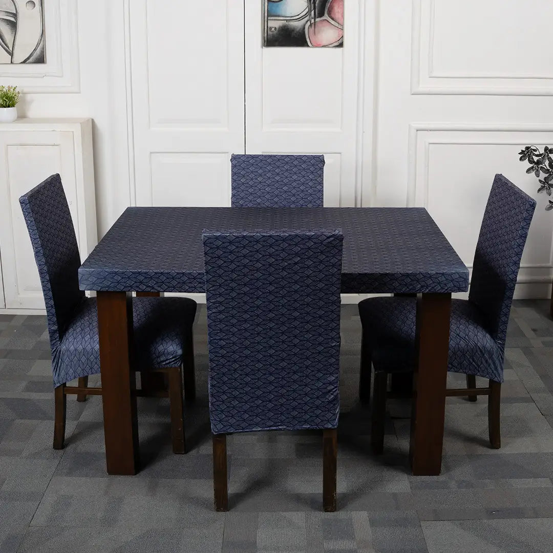 Navy Blue Abstract Elastic Chair And Table Cover  Sets