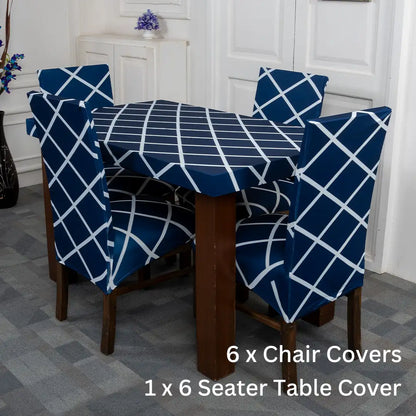 Navy Blue Checks Elastic Chair And Table Cover Set