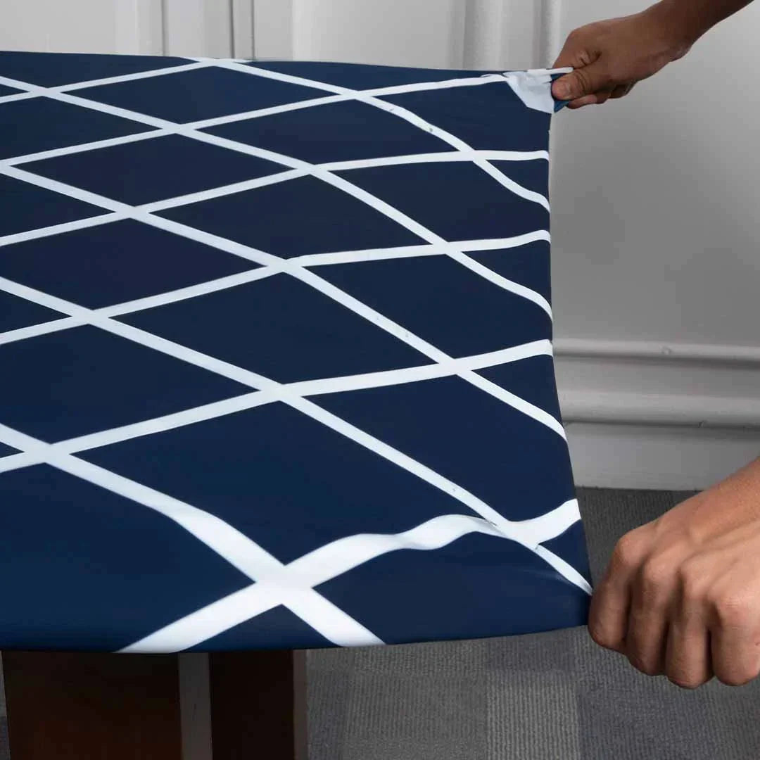 Navy Blue Checks Elastic Dining Table Cover