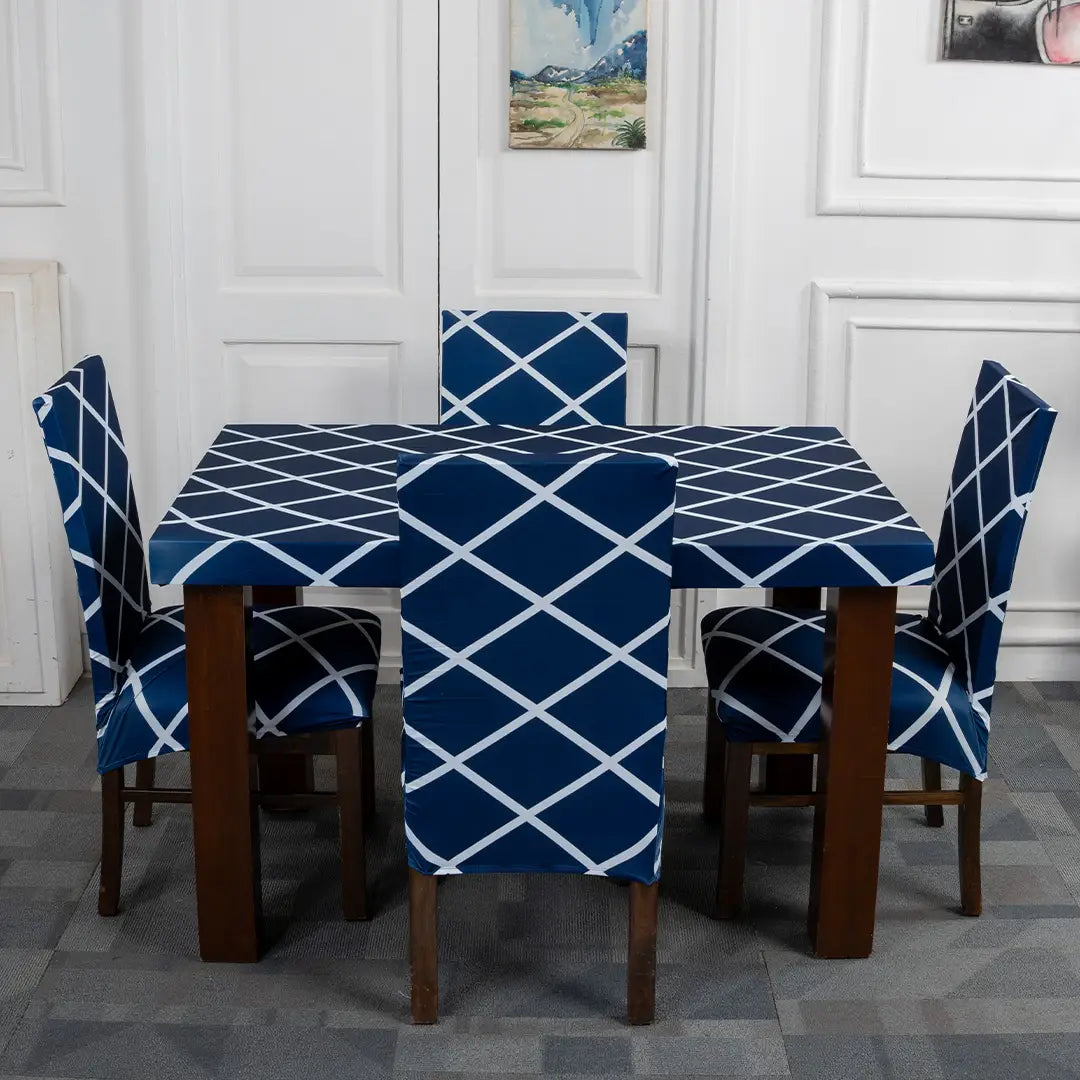 Navy Blue Checks Elastic Chair And Table Cover Set