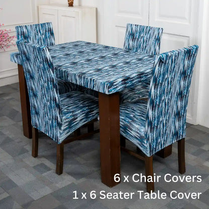 Blue Stripe Elastic 6 Seater Chair And Table Cover