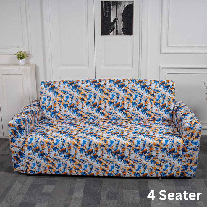 White Blue Feather Elastic Sofa Covers